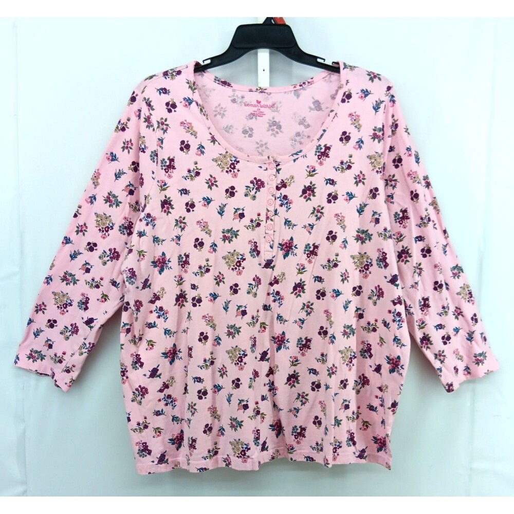 Woman Within Shirt Women Plus Size 2X Pink Floral 3/4 Sleeve Scoop Neck Top